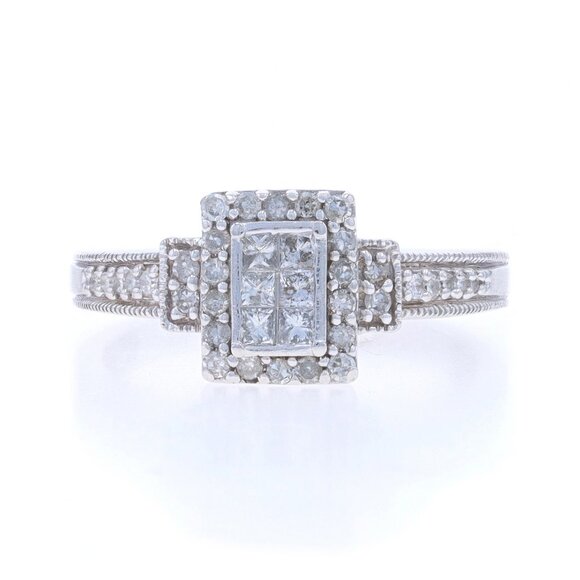 White Gold Diamond Cluster Halo Engagement Ring - 10k Princess & Single .21ctw